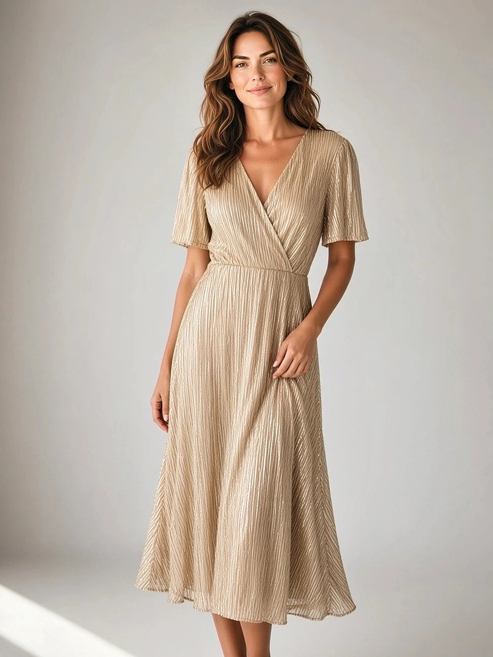 Ivy City Co. Goldie Sequin Dress. Striped Sequin Midi Dress in Gold Size Large
